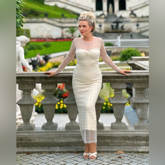 Pearl Rhinestone Embellished Sheer Mesh Maxi Dress - Picture 13 of 13